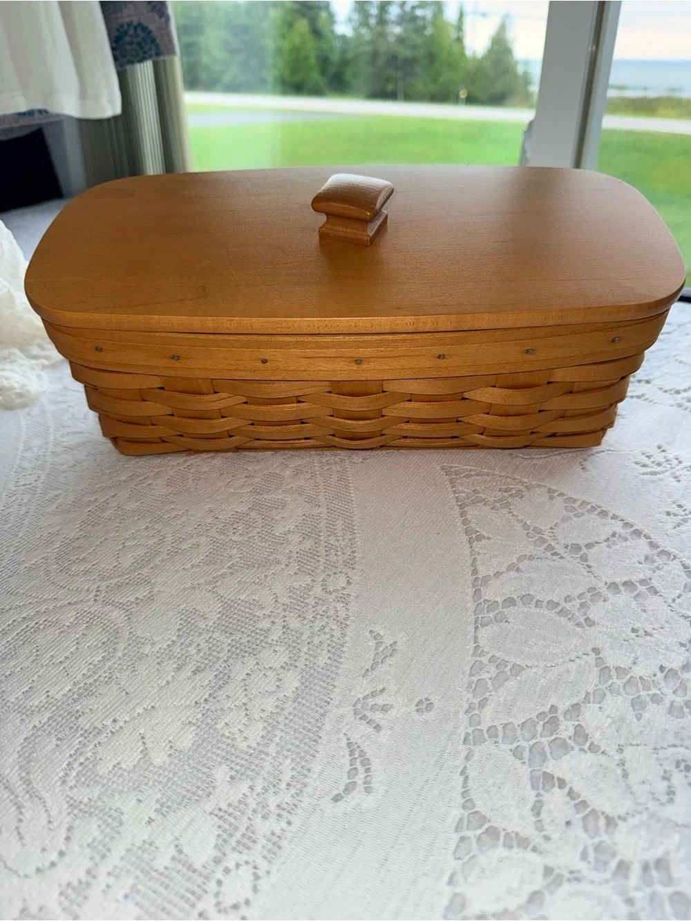 Longaberger Wood Weave Storage Basket with Lid - Honey Brown